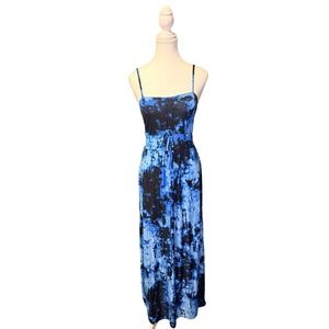 Blue Black Tie Dye Maxi Dress Spaghetti Strap Flowy Boho Summer Size M